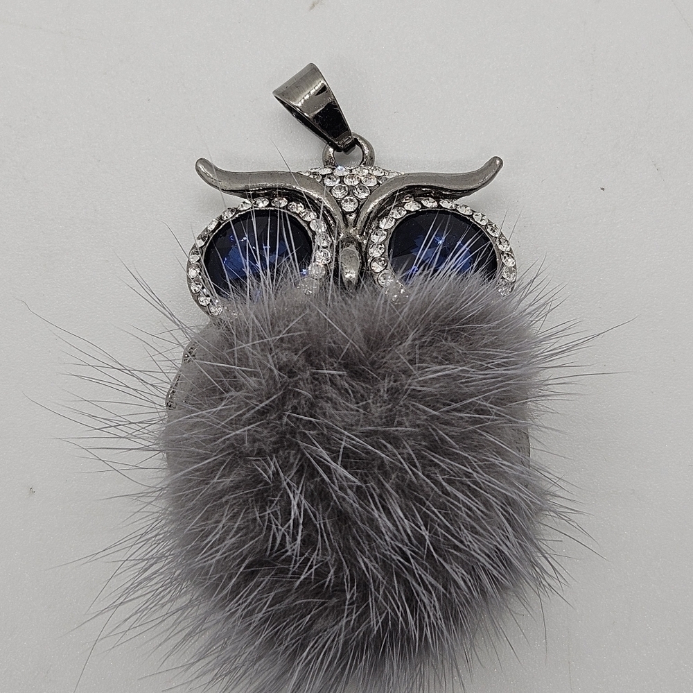 fluffy gray rhinestone owl pendant